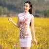ชุดตรุษจีนผู้หญิง (ชุดกี่เพ้า) แบบสั้น สีชมพู ลายปักนกยูง