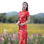 ชุดตรุษจีนผู้หญิง (ชุดกี่เพ้า) แบบยาว สีแดง ลายรวมดอกไม้มงคล