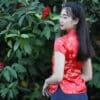 เสื้อตรุษจีนผู้หญิง (เสื้อกี่เพ้า) แขนสั้น สีแดง ลายดอกเหมยคู่กับซังฮี้