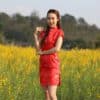 ชุดตรุษจีนผู้หญิง (ชุดกี่เพ้า) แบบสั้น สีแดง ลายดอกไม้และเชือกถักมงคลจีน