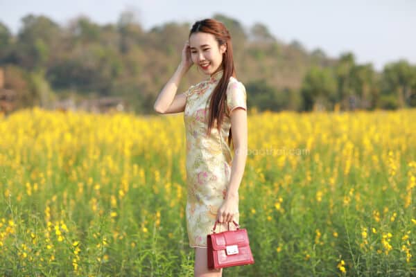 ชุดตรุษจีนผู้หญิง (ชุดกี่เพ้า) แบบสั้น สีทอง ลายดอกโบตั๋น
