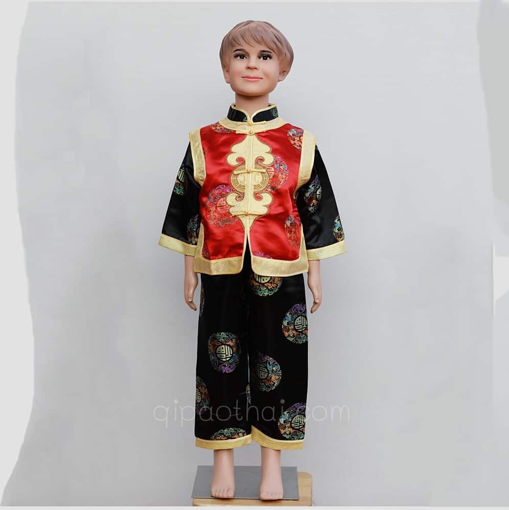 ชุดจีนเด็กผู้ชาย สีแดง-ดำ ลายอู่ฝู เสื้อแขนยาว กางเกงขายาว
