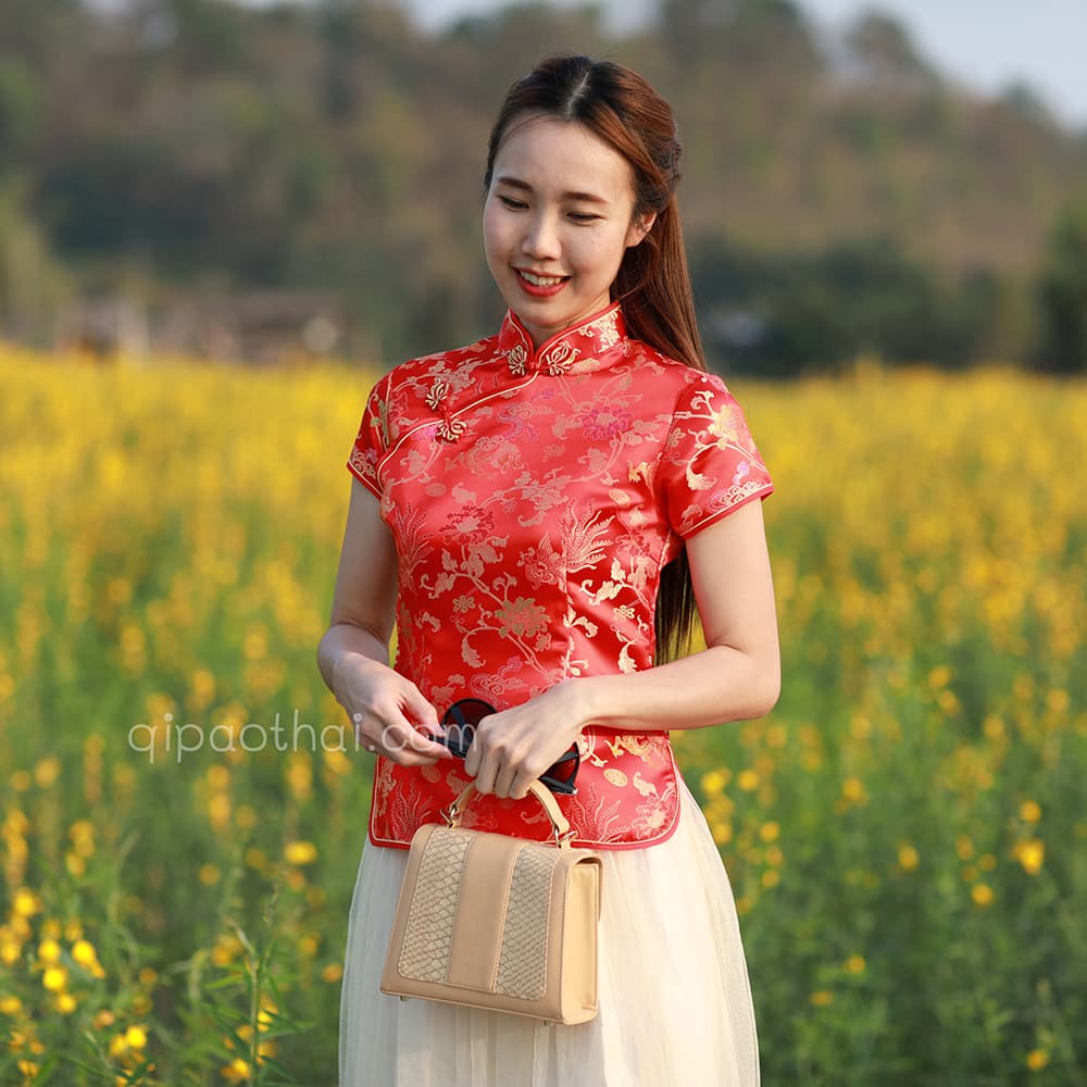 เสื้อตรุษจีนผู้หญิง (เสื้อกี่เพ้า) แขนสั้น สีแดง 