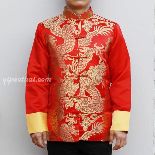 เสื้อตรุษจีนผู้ชาย แขนยาว สีแดง ลายมังกรสีทอง (เต็มตัวเสื้อ)