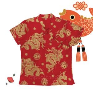 เสื้อตรุษจีนผู้หญิง (เสื้อกี่เพ้า) เนื้อผ้าฝ้าย ทรงคอจีนผ่าเฉียง สีแดง ลายมังกร